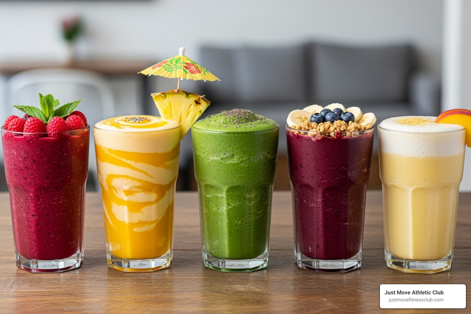 Five different vibrant smoothies lined up attractively in glasses - Best gym smoothies