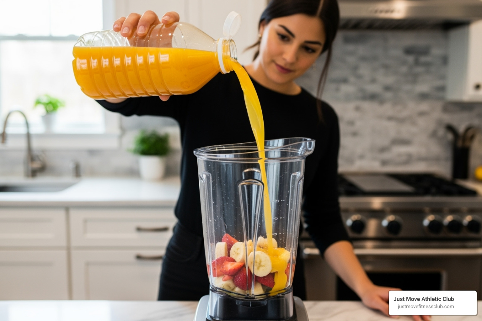 Person making a smoothie, showing a common mistake like adding too much juice or sugar - Best gym smoothies