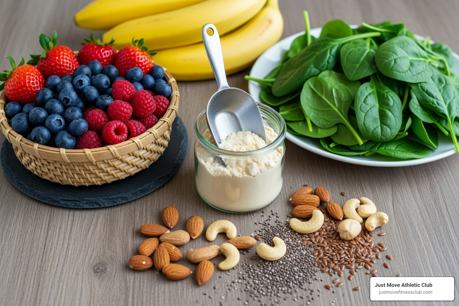 Various smoothie ingredients laid out on a table including fruits, vegetables, protein powders, nuts, and seeds - Best gym smoothies
