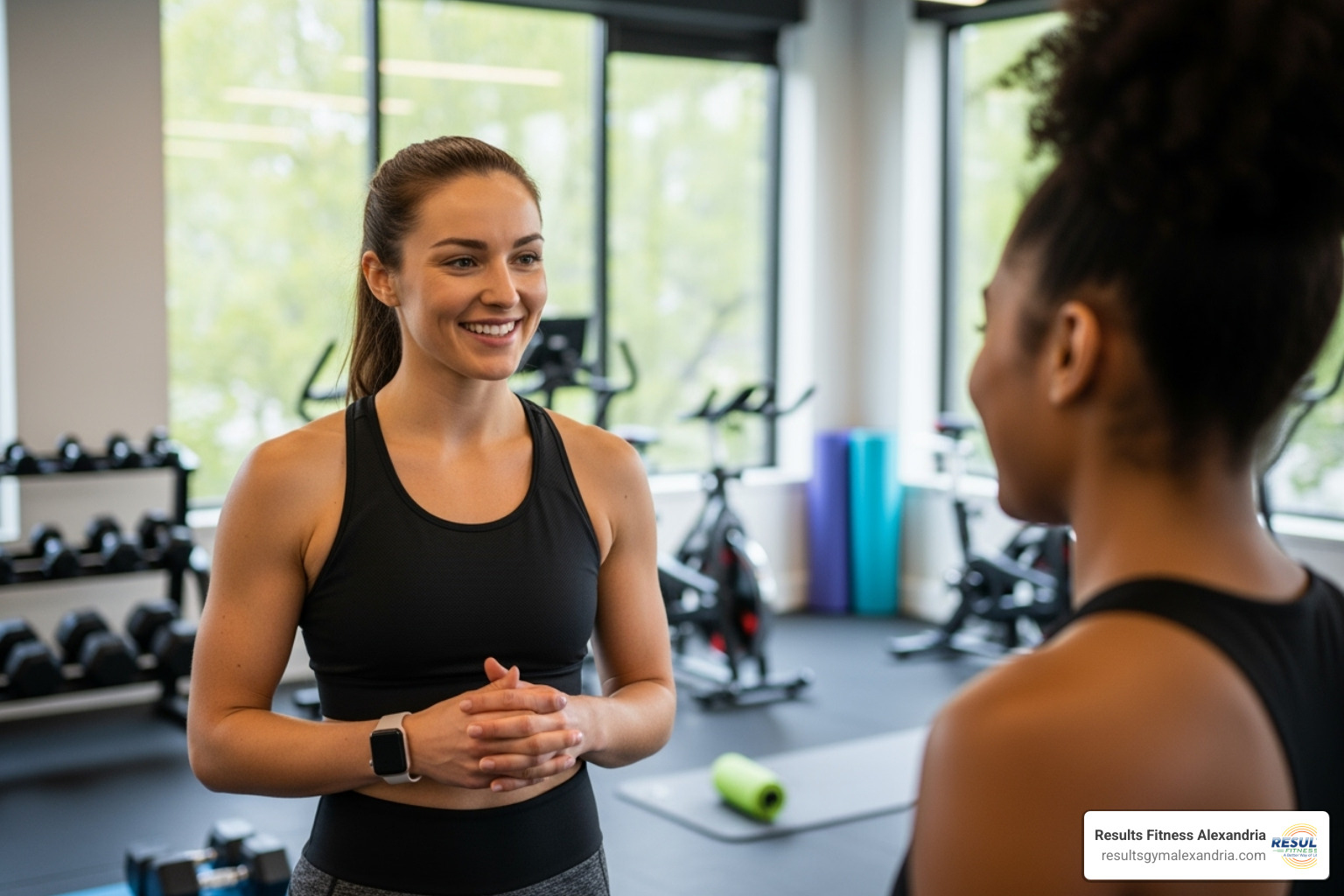 Friendly fitness instructor talking to a class member - fun fitness classes Friendly fitness instructor talking to a class member - fun fitness classes