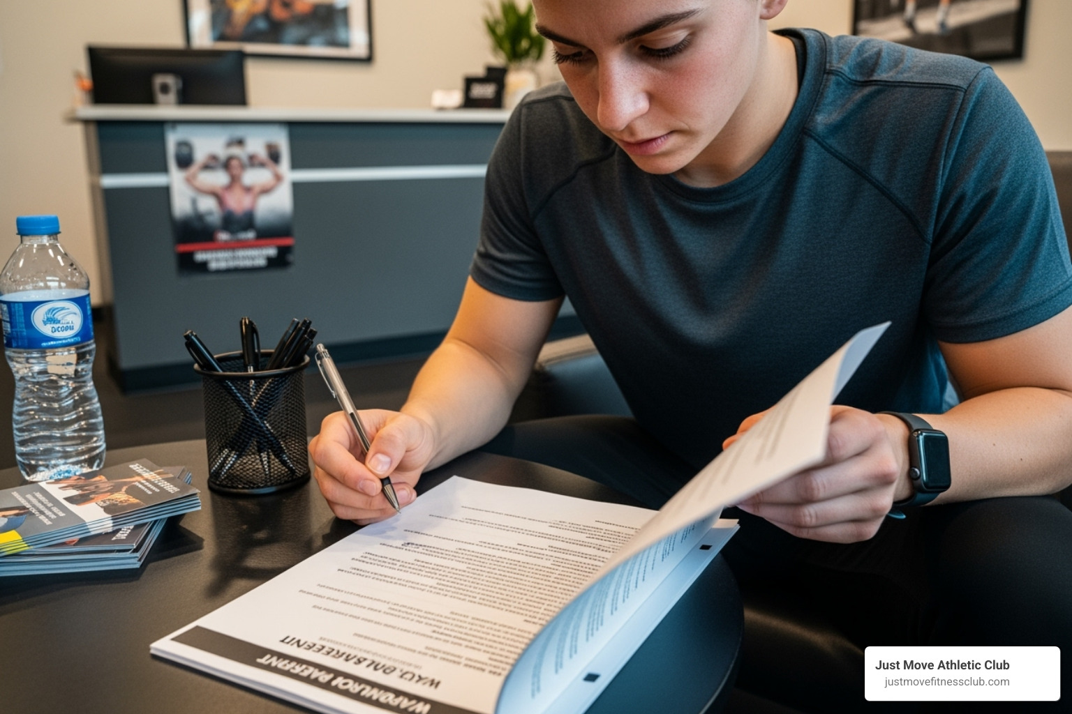 person carefully reading a gym membership agreement - fitness center special offers person carefully reading a gym membership agreement - fitness center special offers
