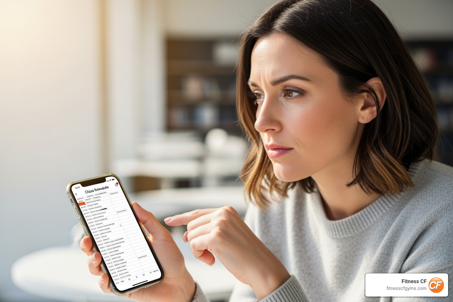 woman looking thoughtfully at a class schedule on her phone - fitness classes for women