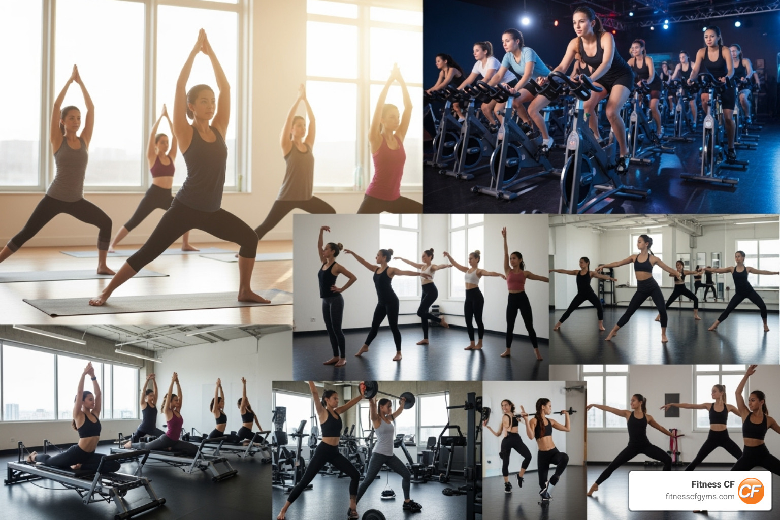 collage of different types of fitness classes like yoga, spin, and dance - fitness classes for women