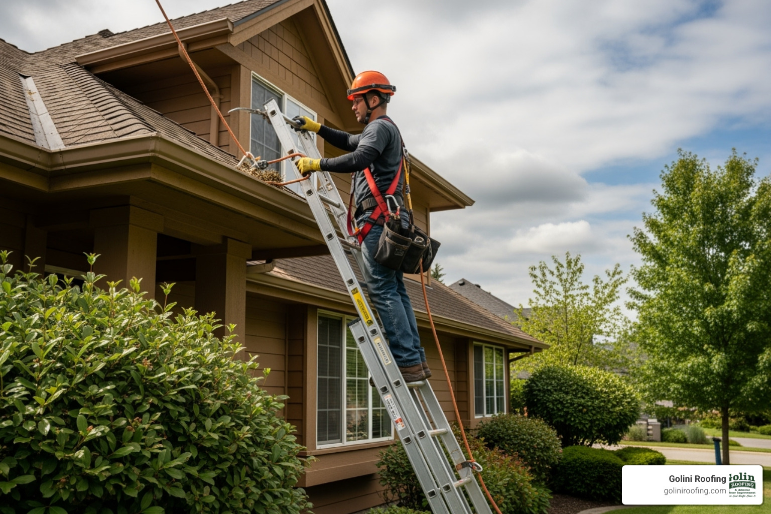 professional roofer working safely on a two-story home's gutter system - drain spout repair professional roofer working safely on a two-story home's gutter system - drain spout repair