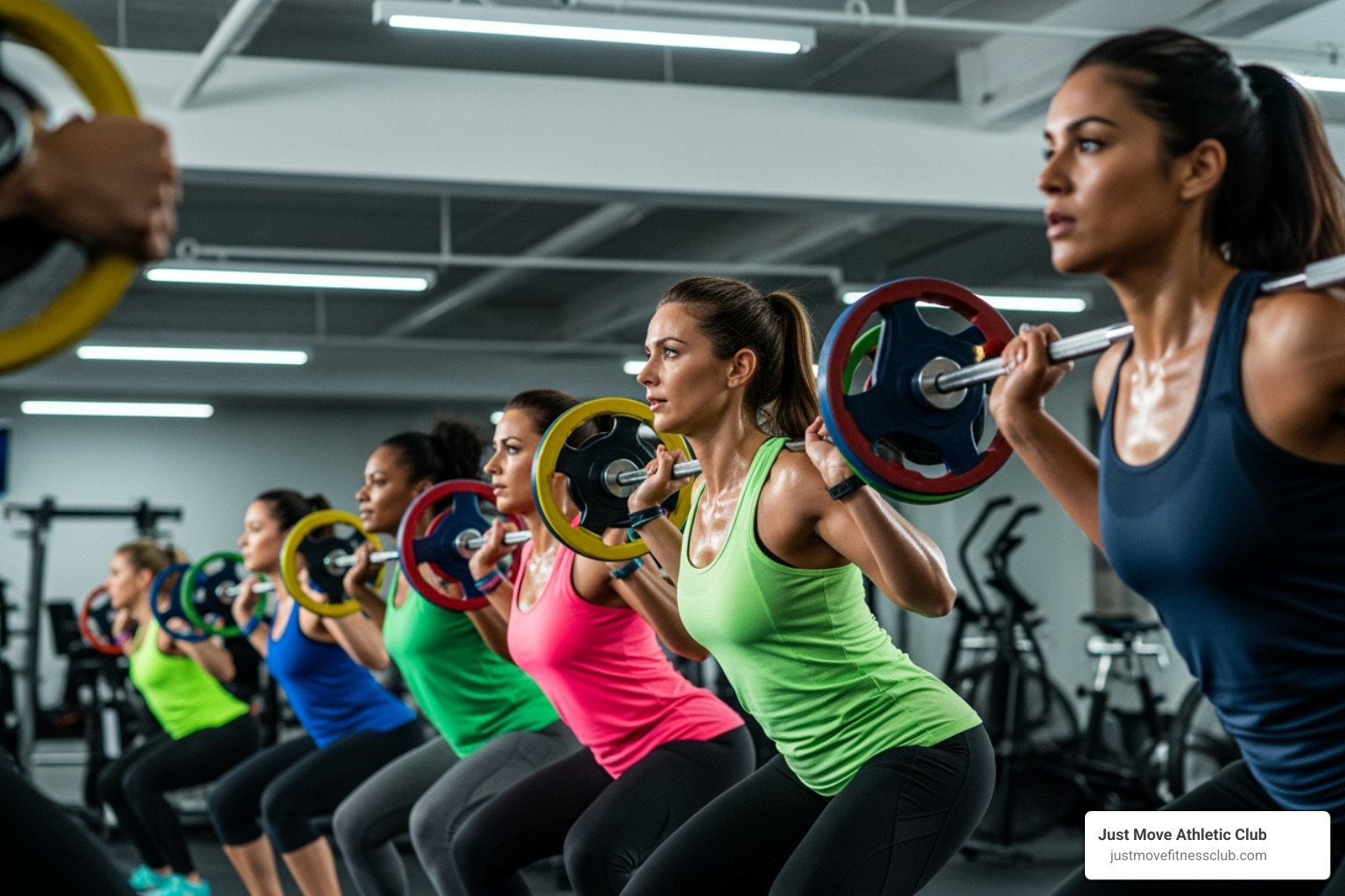 instructor demonstrating a perfect barbell squat in a fitness class setting - power pump class