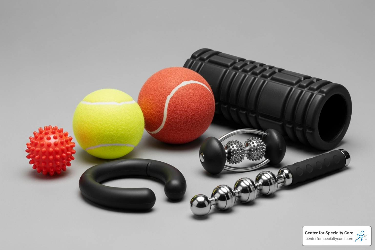 various self-massage tools like a tennis ball and foam roller - how to relieve a muscle knot in shoulder blade