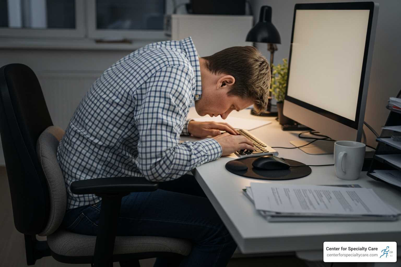 person with poor posture at a desk - how to relieve a muscle knot in shoulder blade