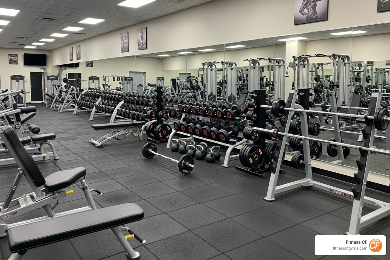 well-organized weight room with various strength machines and free weights