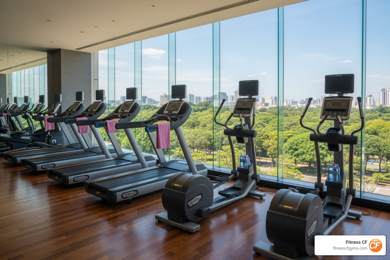 row of modern cardio machines including treadmills and ellipticals with a view