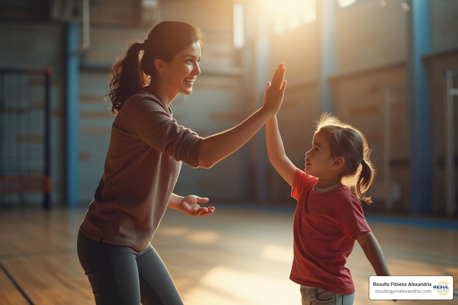parent and child high-five in gym - family exercise classes