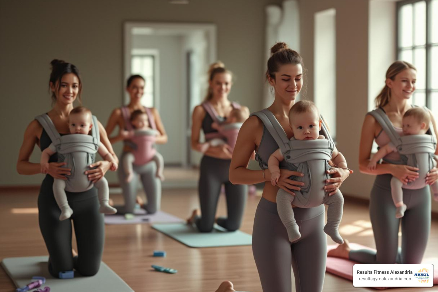 Moms participating in a group fitness class with their babies, some in carriers, some on mats - mommy and me fitness classes near me