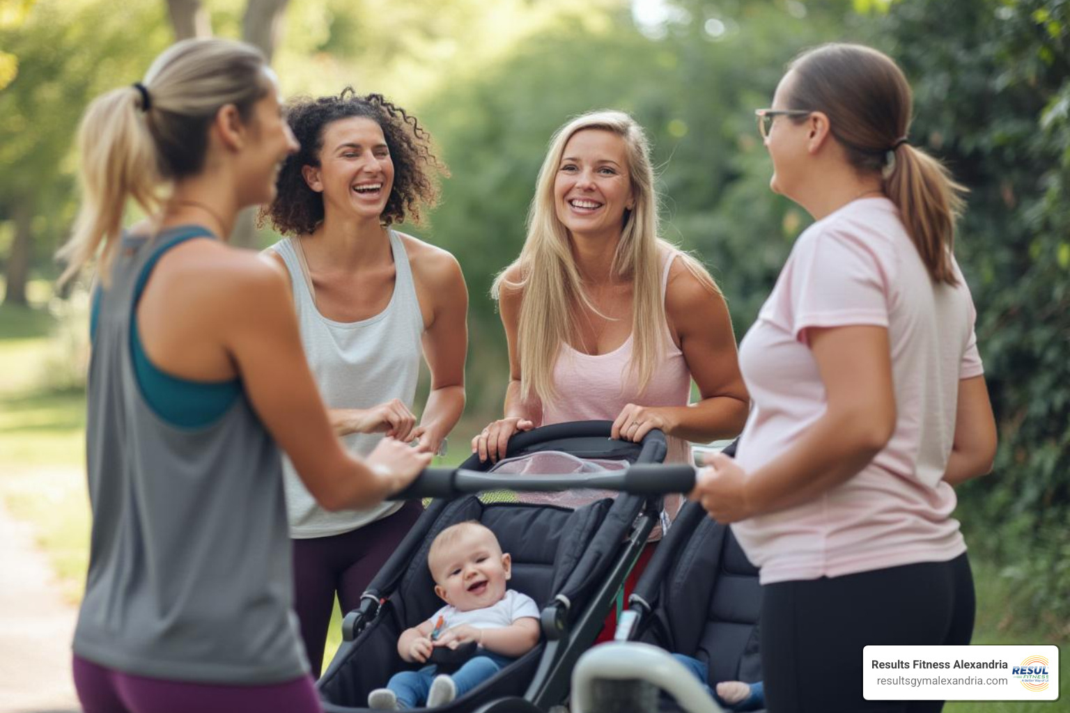 A group of moms chatting and laughing after a mommy and me fitness class, babies in strollers nearby - mommy and me fitness classes near me