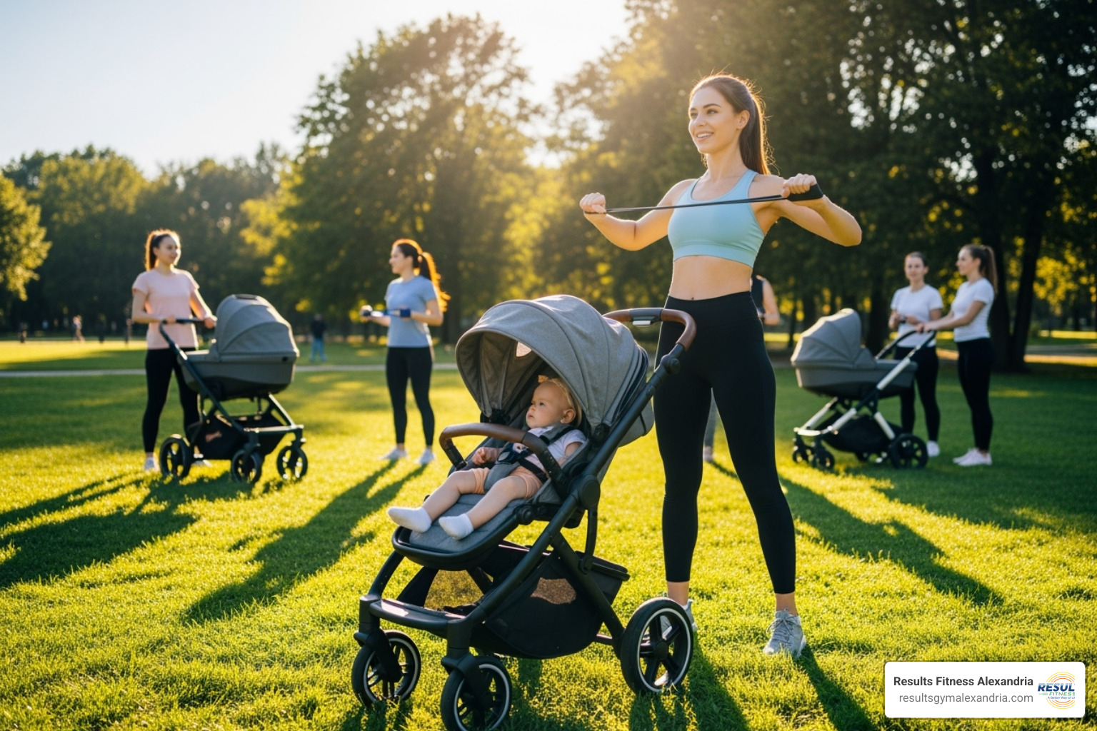 Image of a mom using a resistance band in a stroller fitness class - mommy and me exercise classes