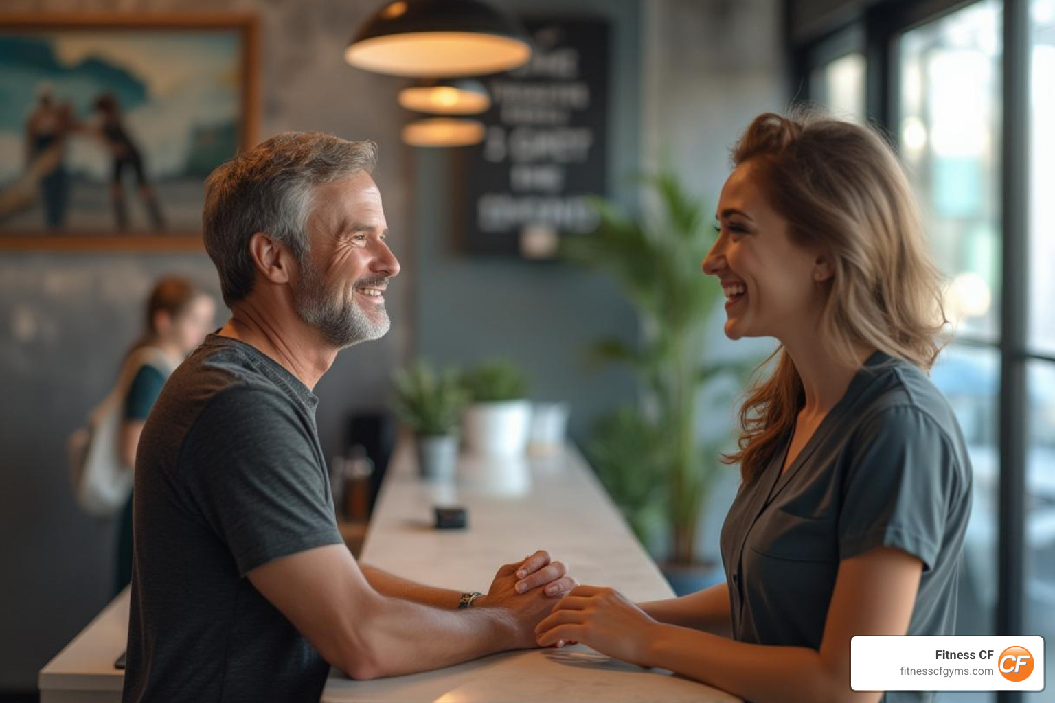 Parent talking to a friendly staff member at a gym's front desk - gym with kids care Parent talking to a friendly staff member at a gym's front desk - gym with kids care