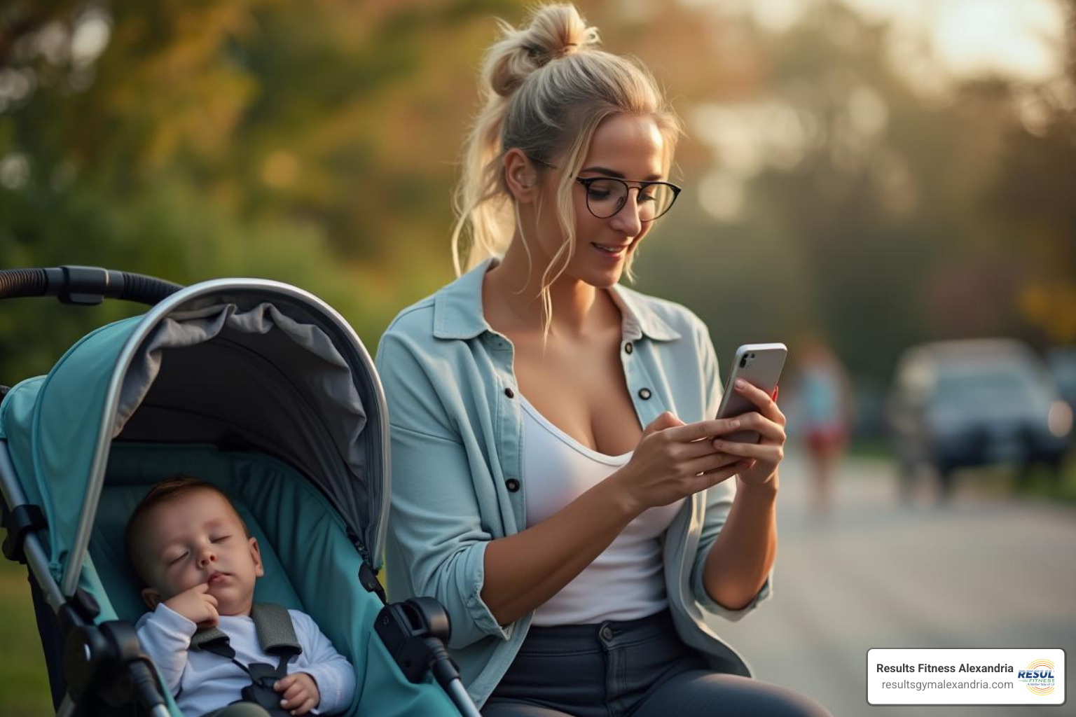 A mom searching on her phone for fitness classes, baby sleeping in a stroller nearby - mommy and me fitness classes near me