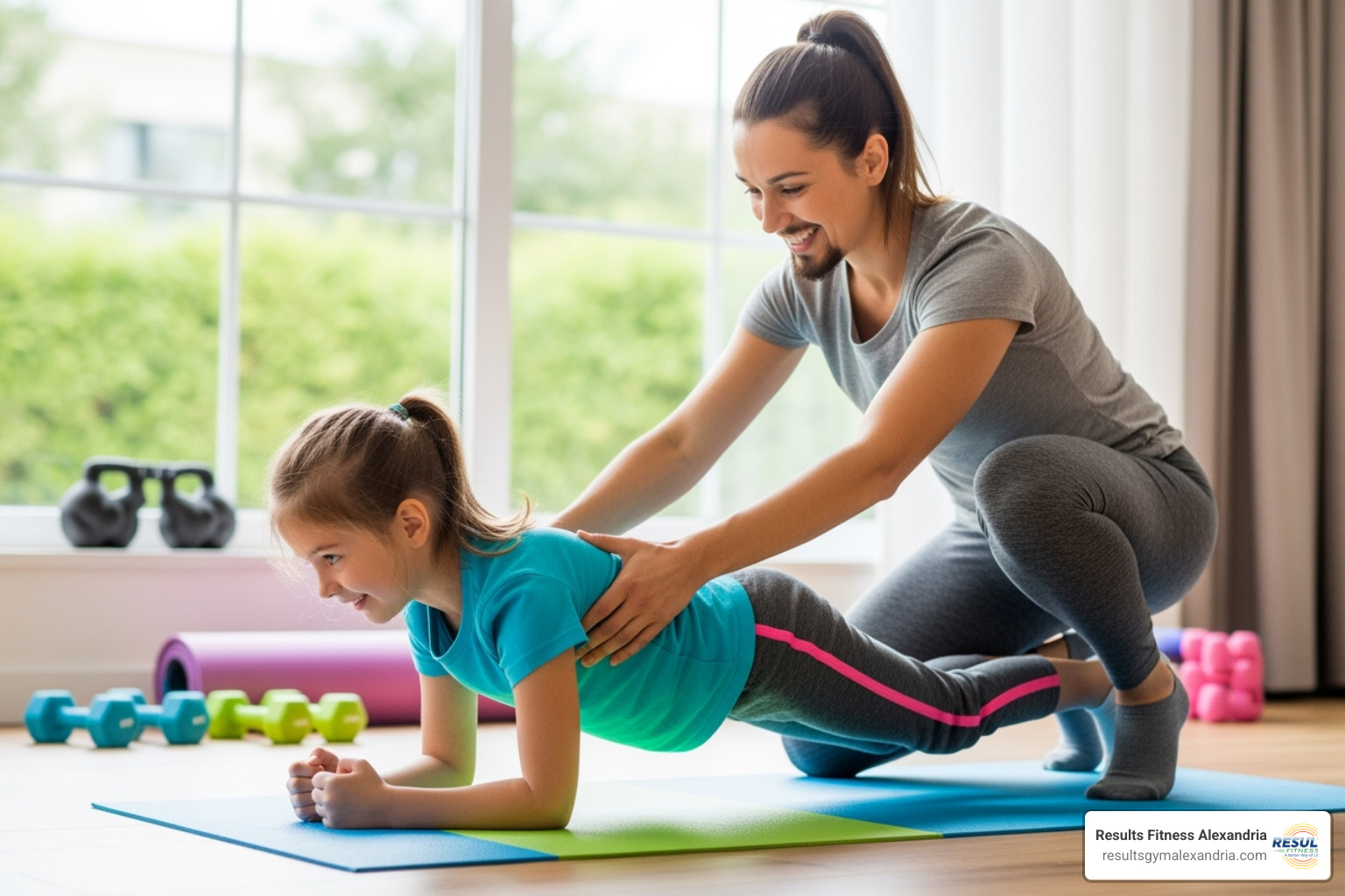 Parent helping a young child with their form during a workout - family hiit workout Parent helping a young child with their form during a workout - family hiit workout