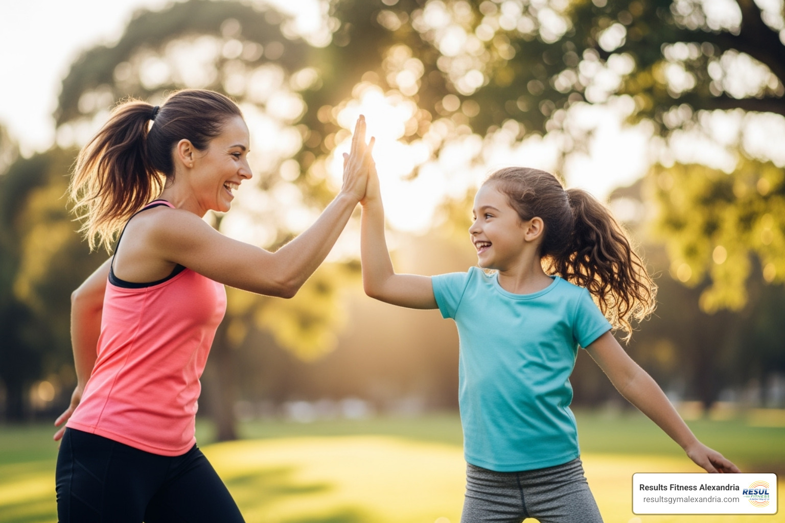 Parent and child high-fiving during a workout break - family hiit workout Parent and child high-fiving during a workout break - family hiit workout