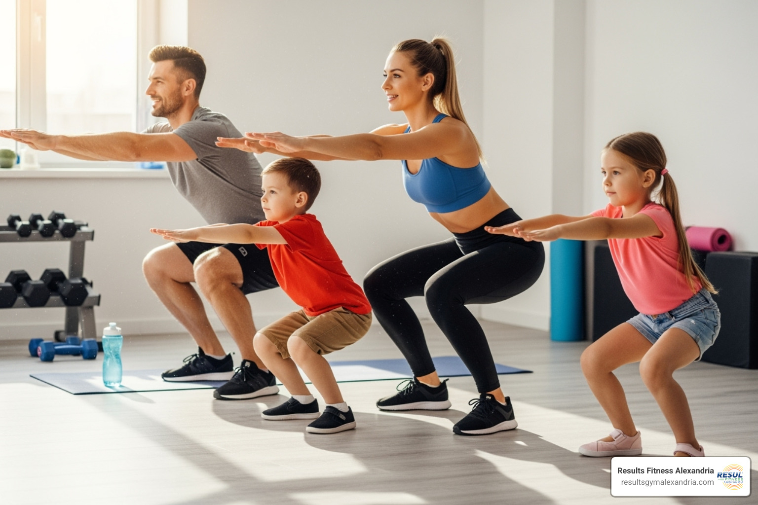 Family doing air squats together, showing different depths for kids and adults - family hiit workout Family doing air squats together, showing different depths for kids and adults - family hiit workout