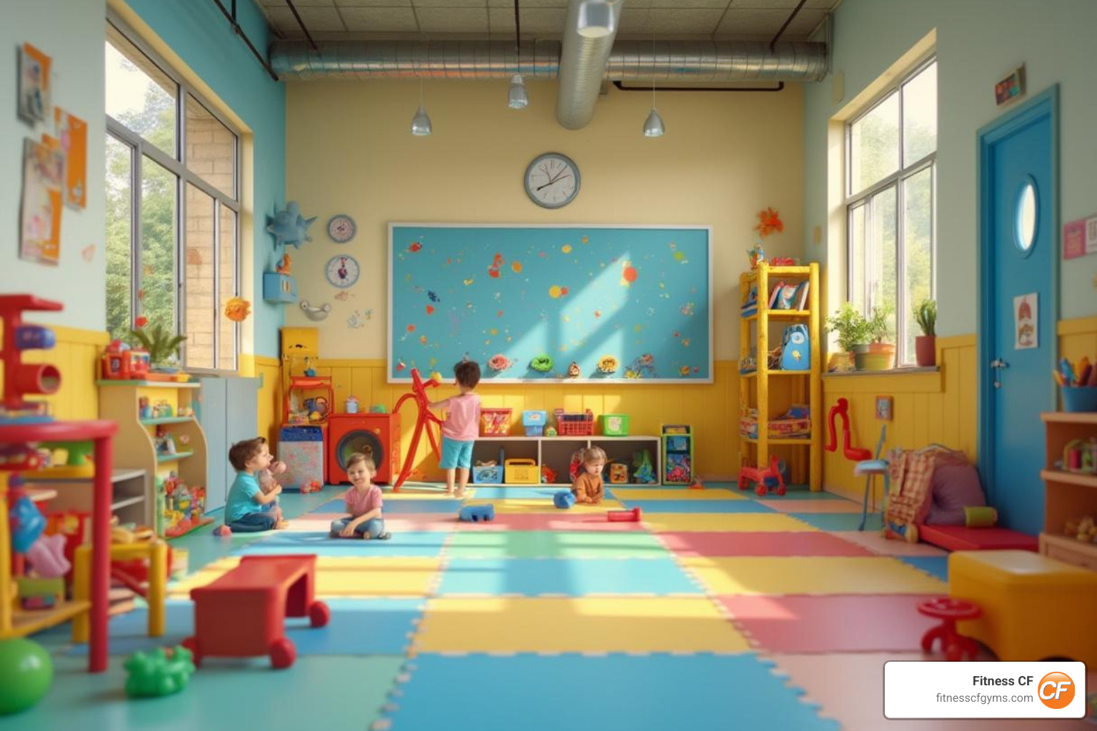 Clean, colorful, and safe gym childcare room filled with age-appropriate toys - gym with kids care Clean, colorful, and safe gym childcare room filled with age-appropriate toys - gym with kids care