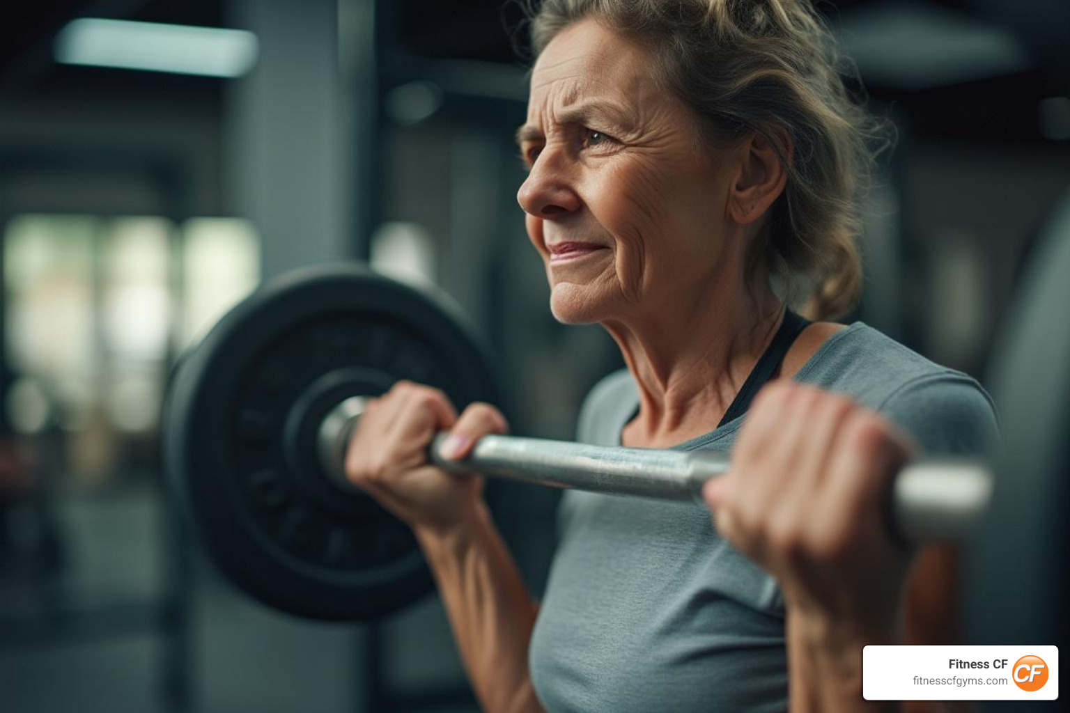 Parent lifting weights, looking focused and stress-free - gym with kids care Parent lifting weights, looking focused and stress-free - gym with kids care