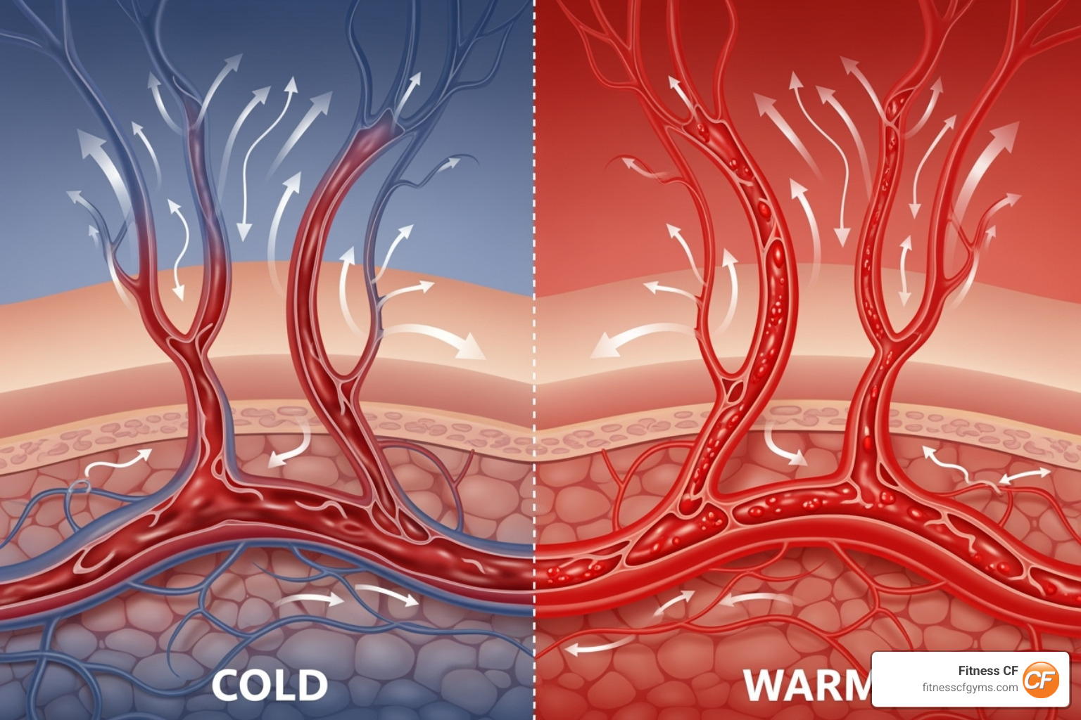 Illustration of blood vessels constricting and dilating in response to cold and warmth - what do ice baths do Illustration of blood vessels constricting and dilating in response to cold and warmth - what do ice baths do