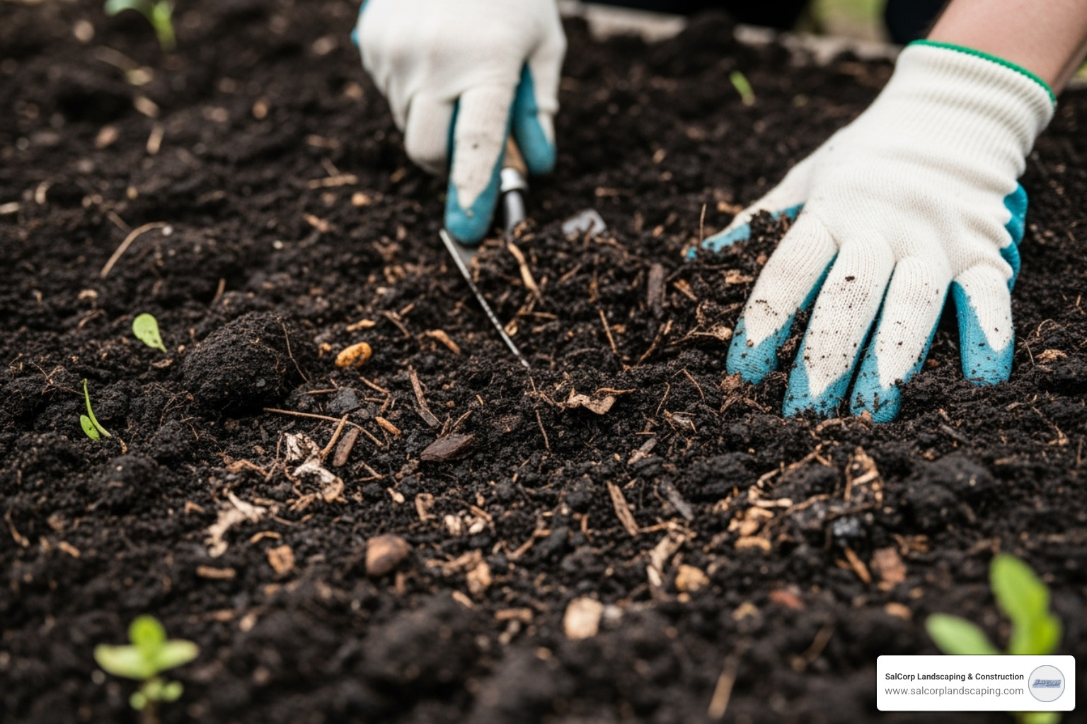 Healthy soil being amended with compost - garden maintenance schedule