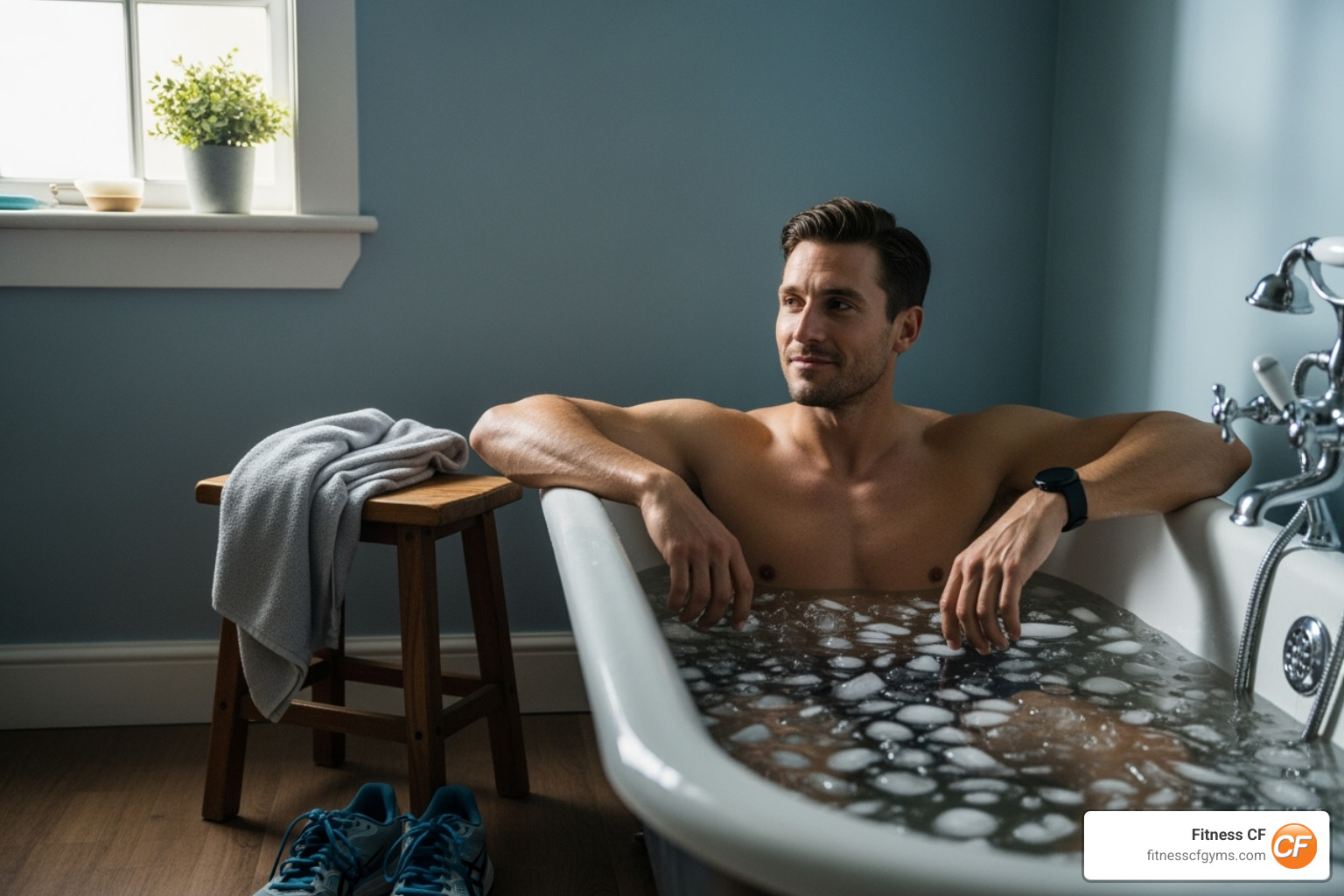 Athlete looking relaxed in an ice bath after a run - what do ice baths do Athlete looking relaxed in an ice bath after a run - what do ice baths do