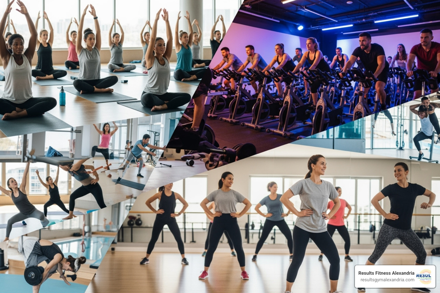 collage showing different types of fitness classes like yoga, cycling, and dance at Results Fitness Alexandria - fun fitness classes near me collage showing different types of fitness classes like yoga, cycling, and dance at Results Fitness Alexandria - fun fitness classes near me