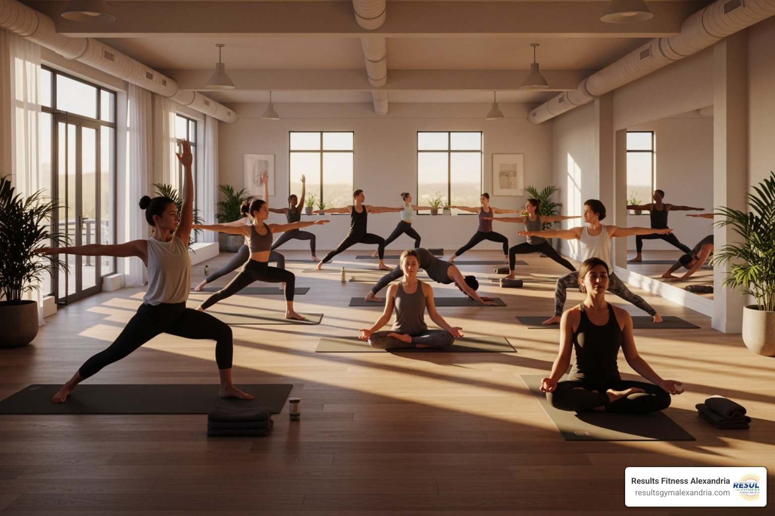 serene yoga class with participants in various poses at Results Fitness Alexandria - fun fitness classes near me serene yoga class with participants in various poses at Results Fitness Alexandria - fun fitness classes near me