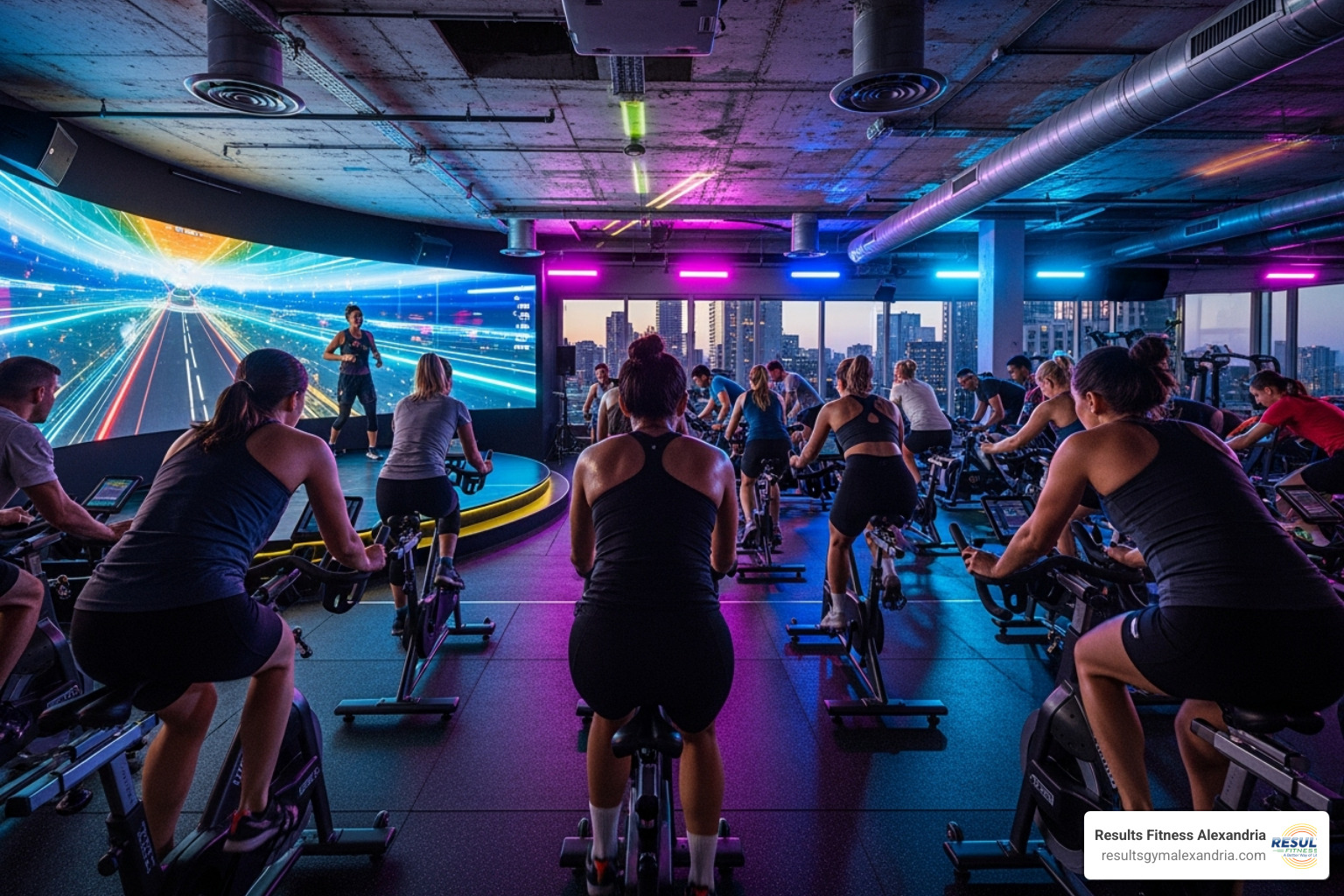 energetic indoor cycling class with dynamic lighting at Results Fitness Alexandria - fun fitness classes near me energetic indoor cycling class with dynamic lighting at Results Fitness Alexandria - fun fitness classes near me