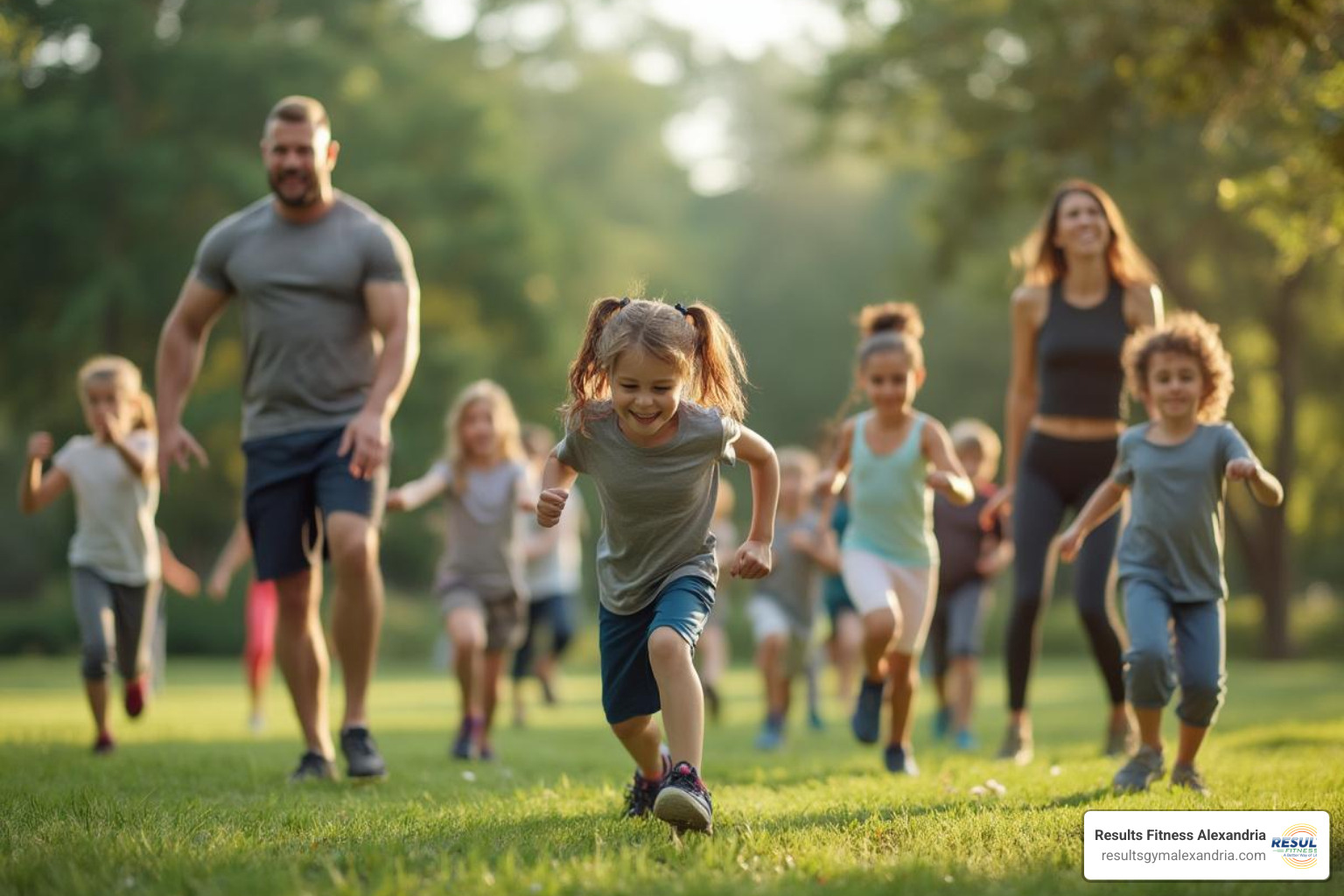 group of families participating in an outdoor bootcamp-style class - family exercise classes