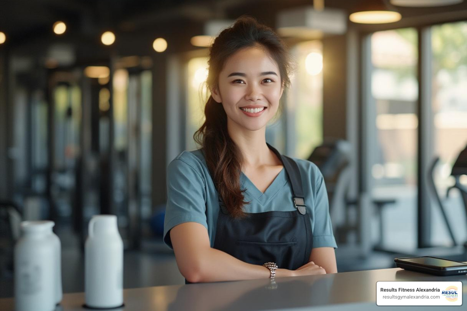 Results Fitness Alexandria facility or welcoming staff member at the front desk - family exercise classes