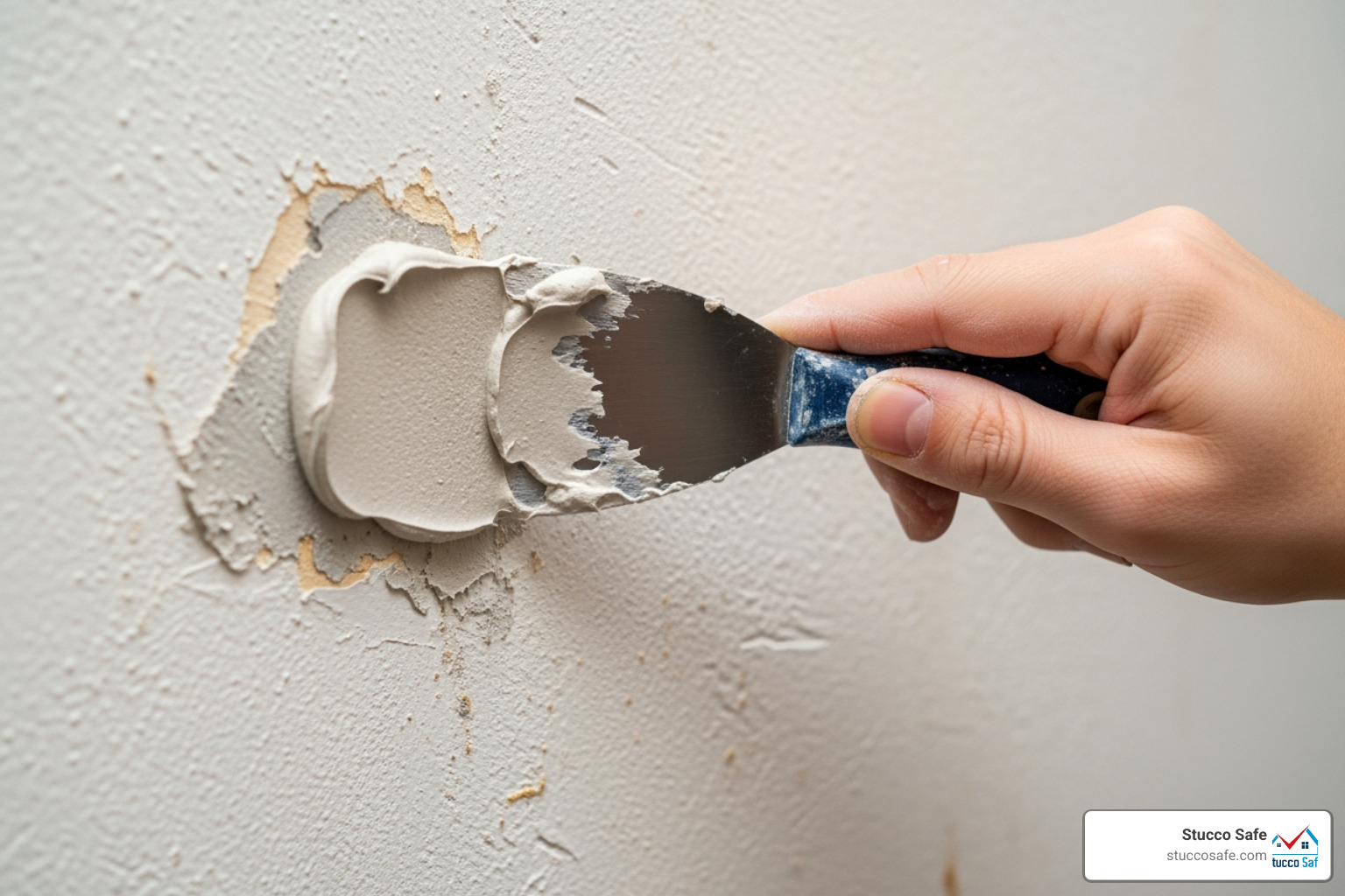 A hand using a putty knife to apply stucco patch to a small hole - stucco wall maintenance