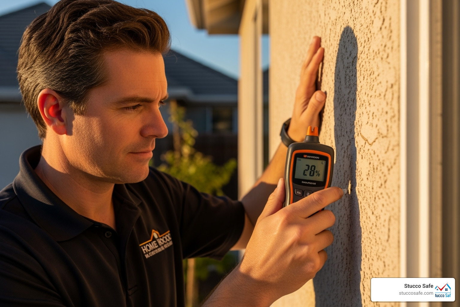 A certified inspector using a moisture meter on a stucco wall - stucco wall maintenance