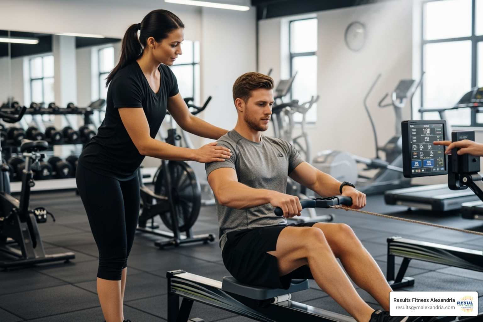 personal trainer guiding athlete on rowing machine - Ultimate endurance challenge personal trainer guiding athlete on rowing machine - Ultimate endurance challenge