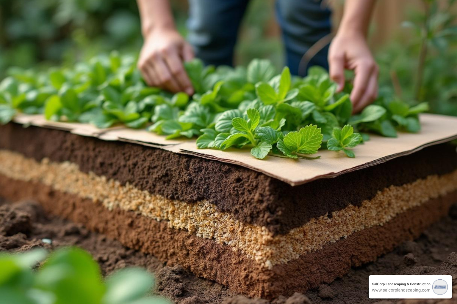 Gardener creating a lasagna garden bed - garden maintenance schedule