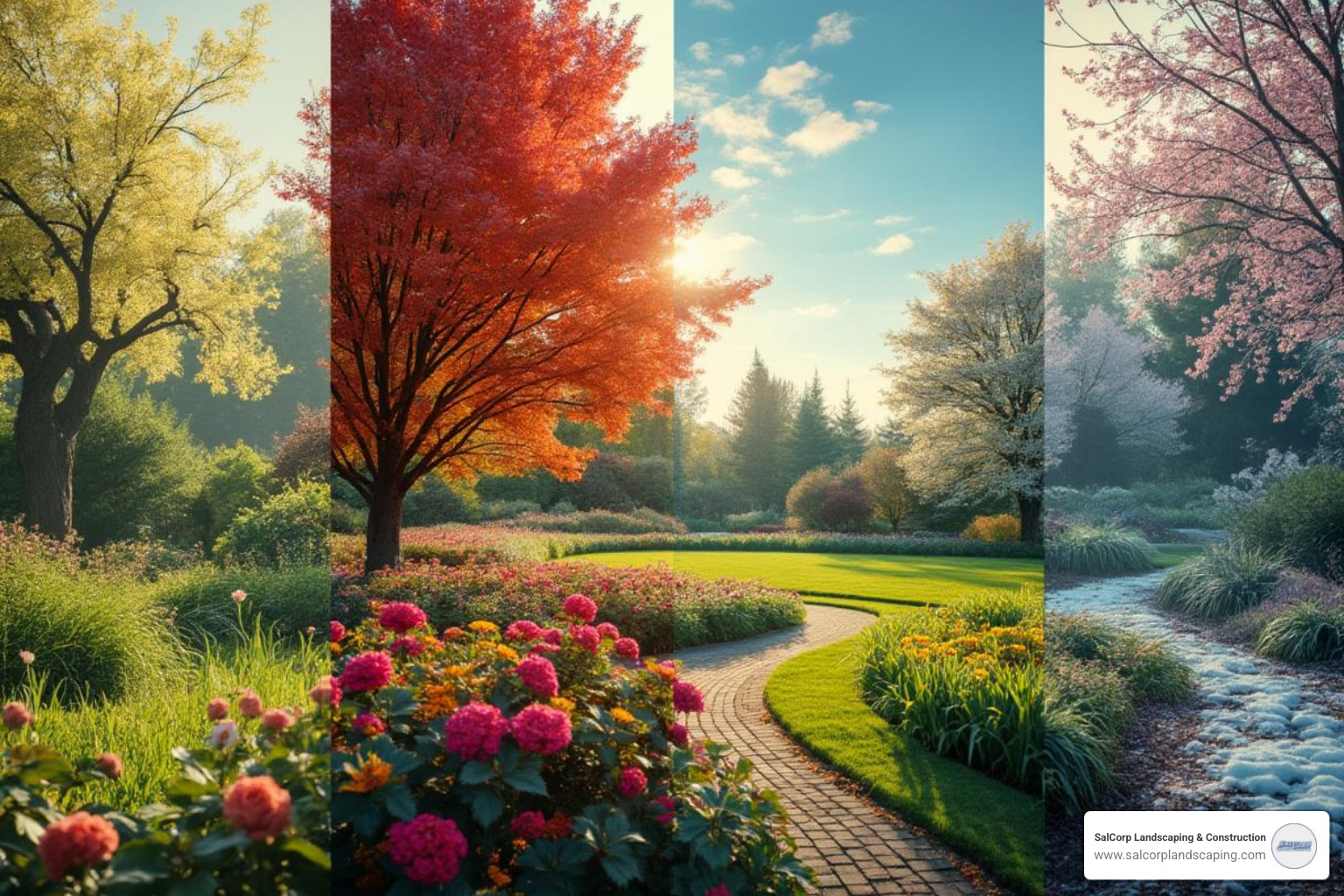 Four-season collage showing a garden in spring, summer, fall, and winter - garden maintenance schedule