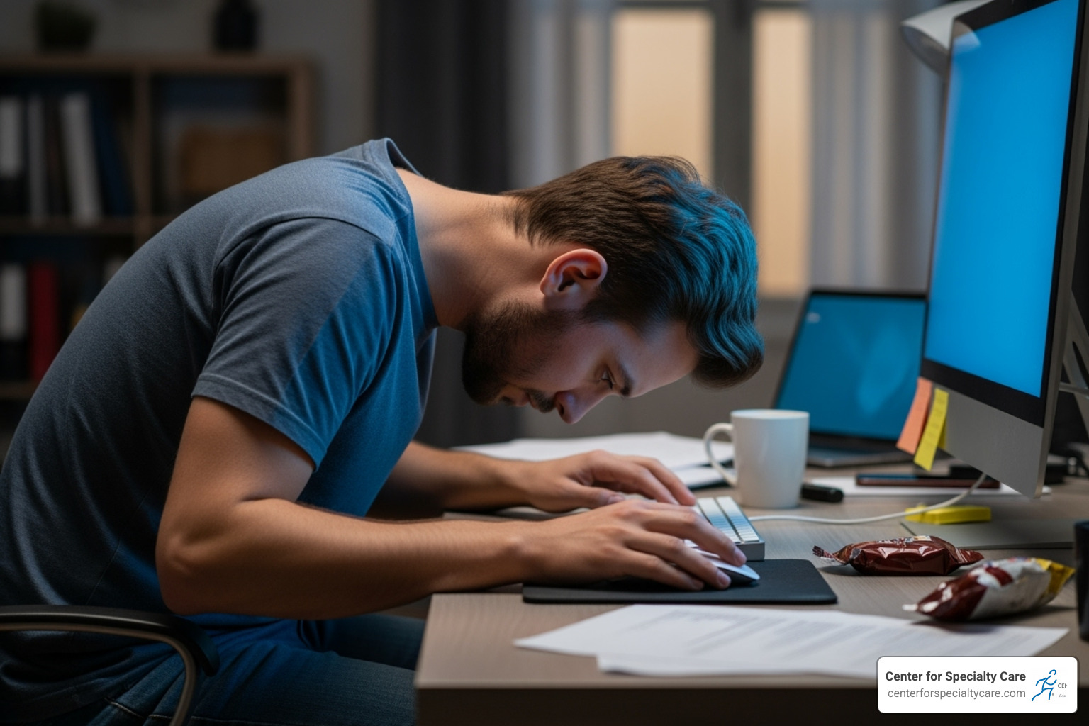 of a person with poor posture working at a computer - what are knots in muscles of a person with poor posture working at a computer - what are knots in muscles