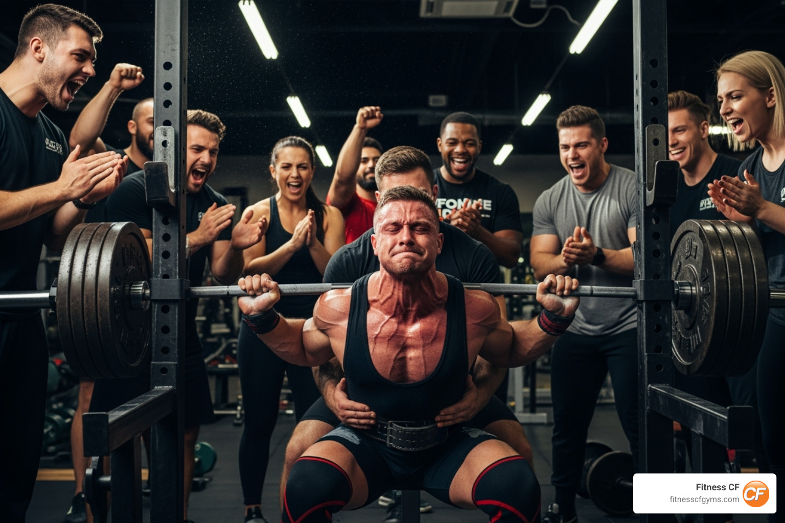 group of lifters cheering on a member - powerlifting gym
