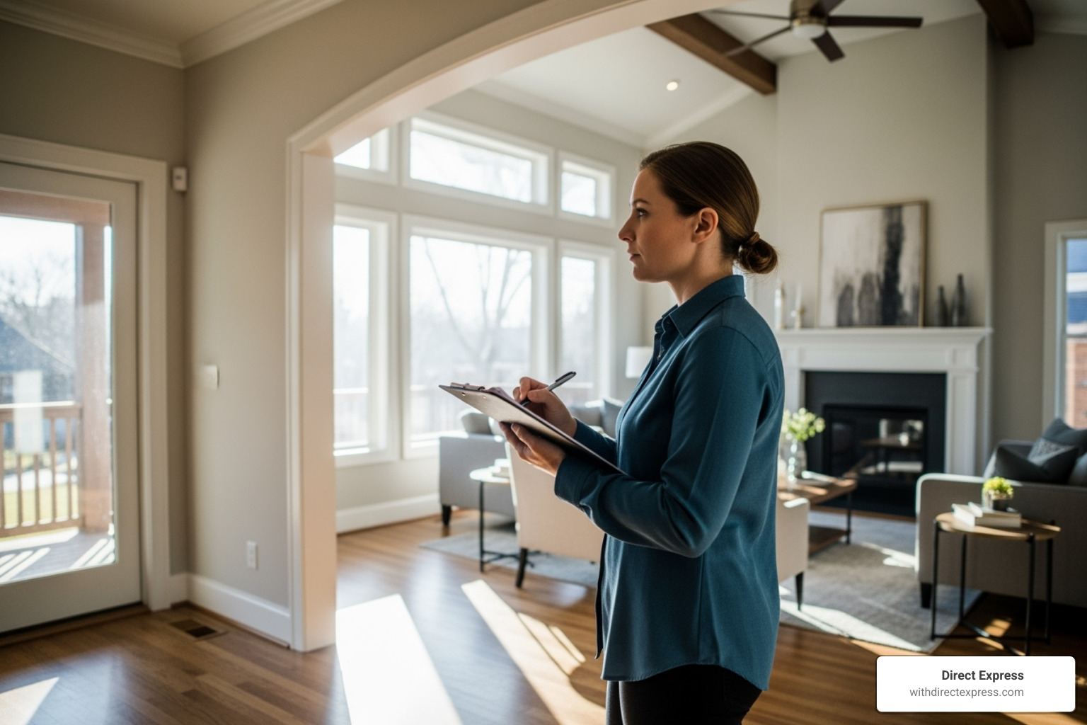 of a person touring a home and taking notes on a clipboard - buying a home checklist