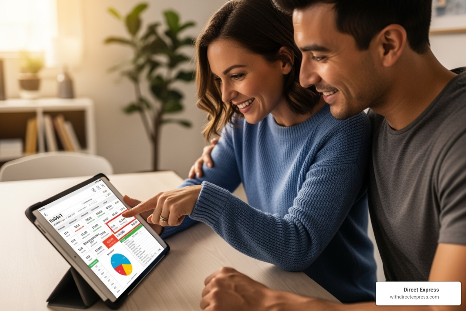 A happy couple reviews their budget on a tablet, smiling and pointing at the screen - manufactured homes for rent A happy couple reviews their budget on a tablet, smiling and pointing at the screen - manufactured homes for rent