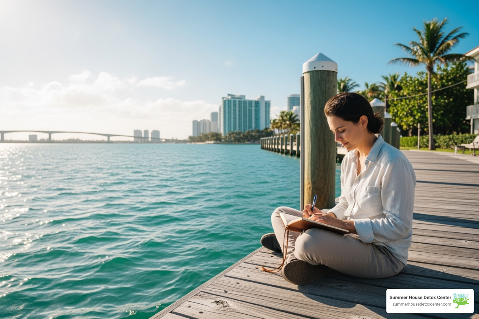 Person journaling by the water in Miami or South Florida - best rehabilitation centers in florida
