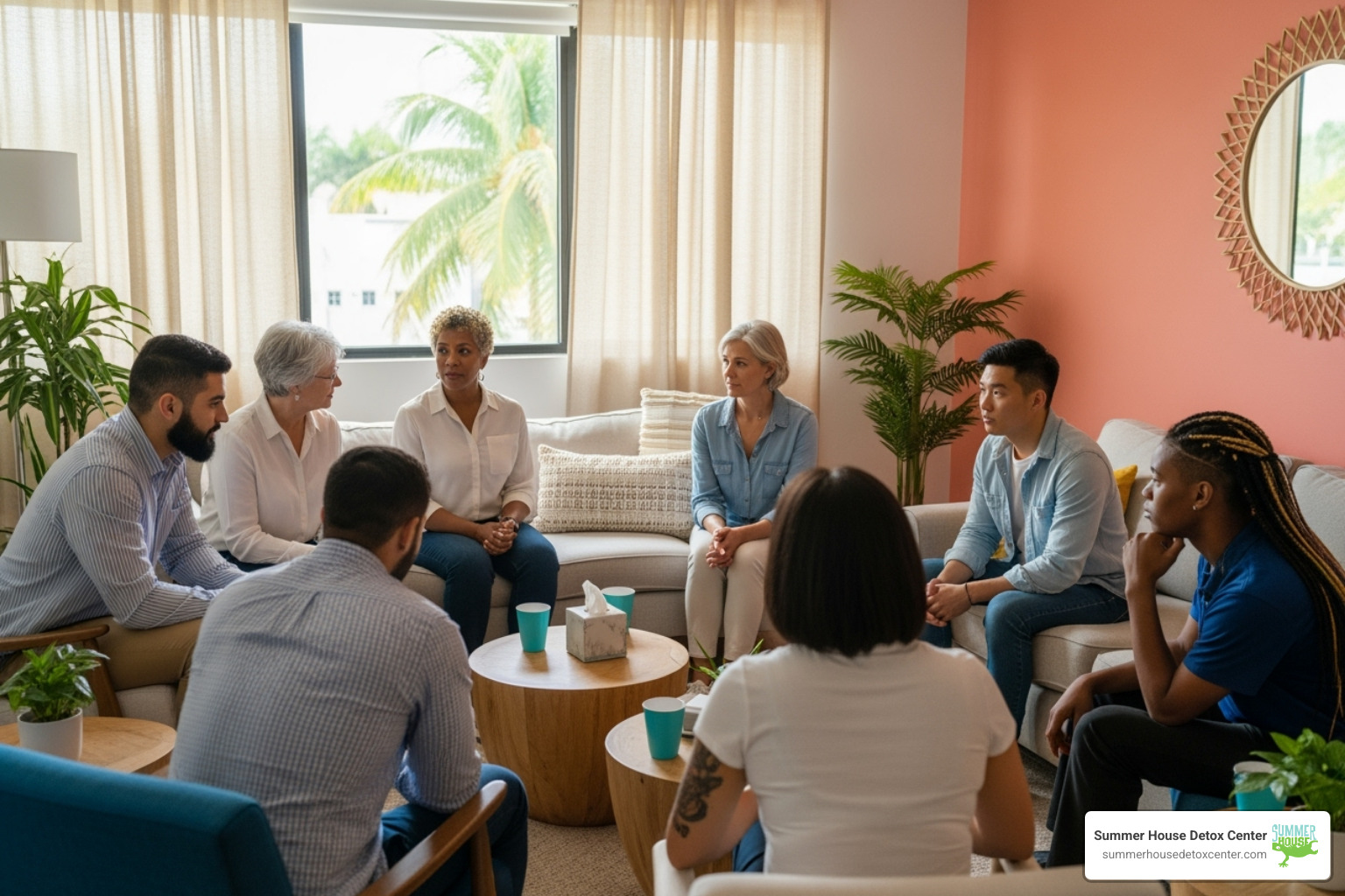 Group therapy session in a comfortable Miami setting - best rehabilitation centers in florida