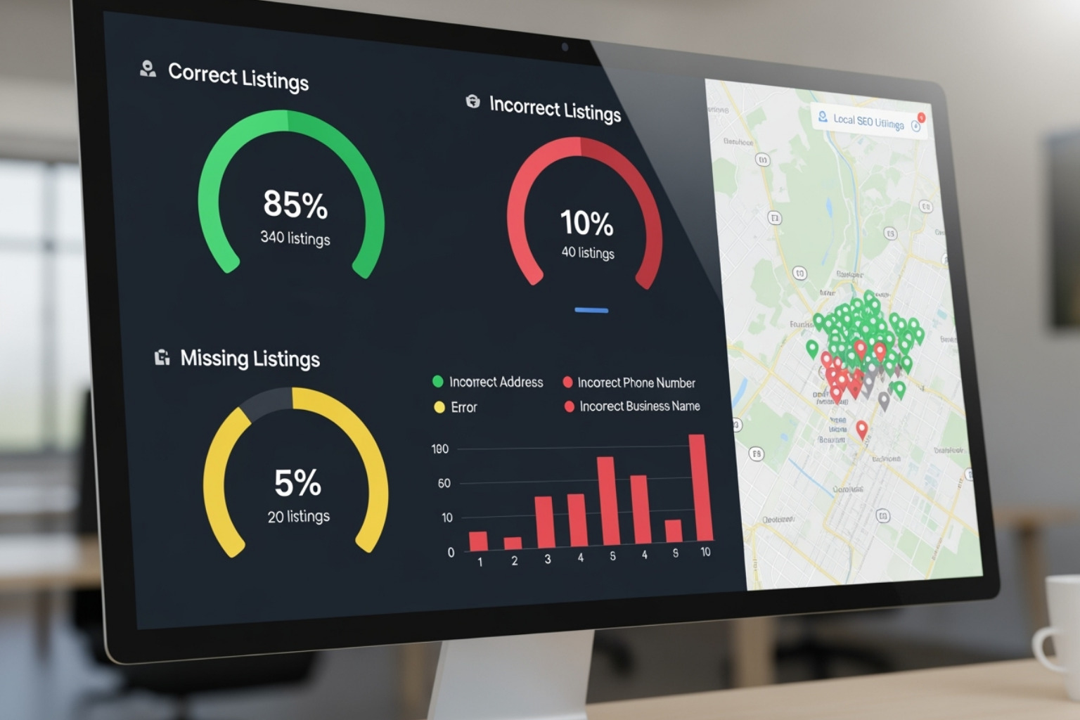 Image of a generic, non-branded citation audit dashboard showing correct, incorrect, and missing listings - local seo citation checker Image of a generic, non-branded citation audit dashboard showing correct, incorrect, and missing listings - local seo citation checker