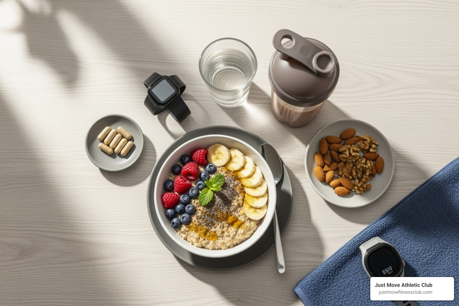 A clock with various pre-workout snacks around it, indicating different timeframes - Pre workout nutrition