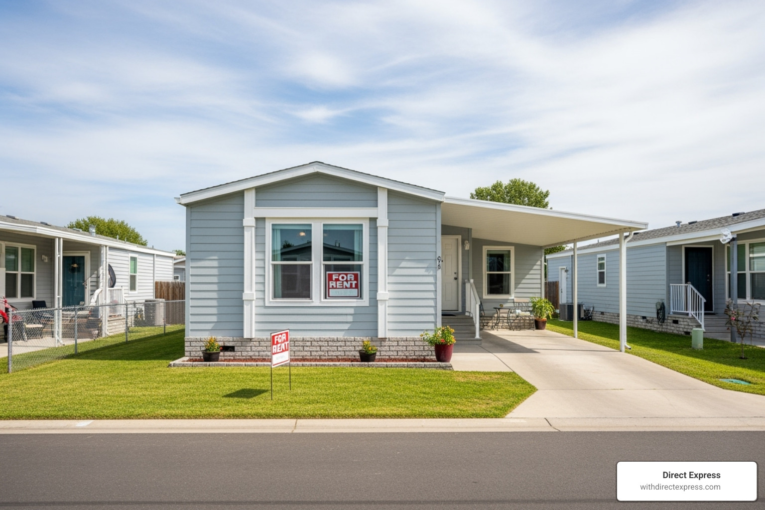 A person happily browsing rental listings on a tablet, with a modern home in the background - manufactured homes for rent A person happily browsing rental listings on a tablet, with a modern home in the background - manufactured homes for rent