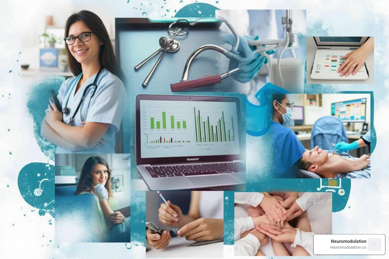 of a digital collage representing different healthcare fields like administration, dental, and patient care. - Online healthcare training