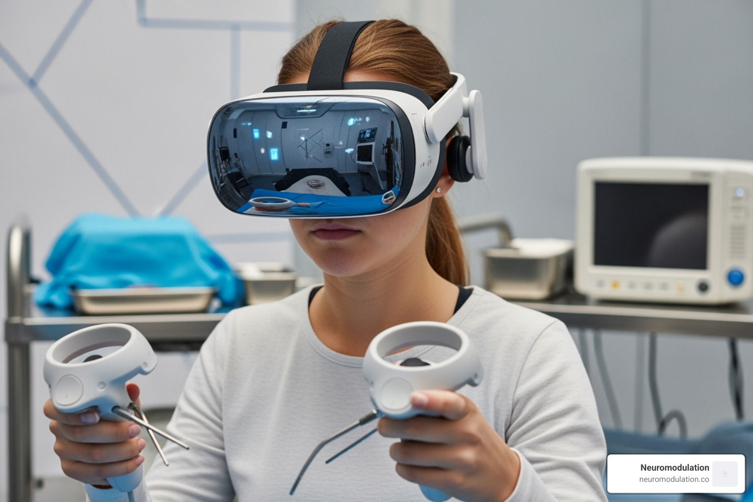 of a student using a virtual reality headset for a medical simulation. - Online healthcare training