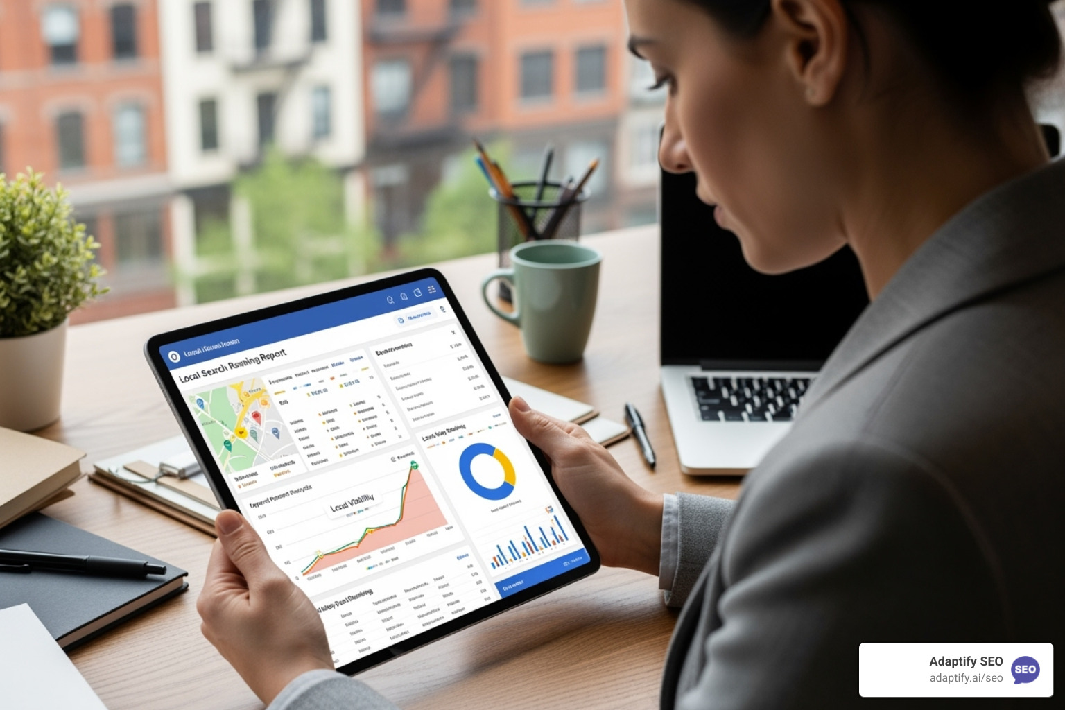 business owner looking at a local ranking report on a tablet - local rank tracking