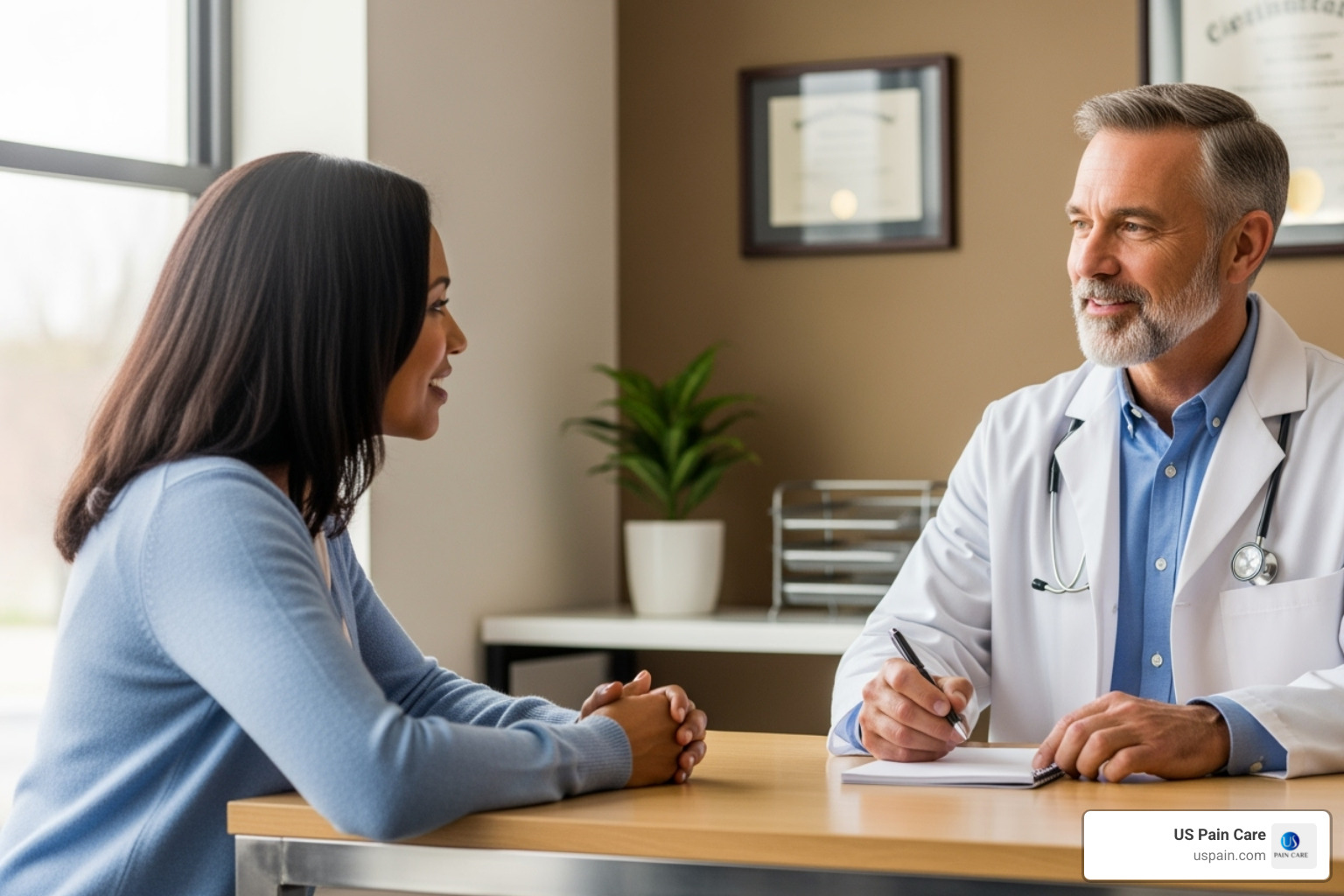 A patient engages in a focused, one-on-one consultation with a caring physician, discussing their health concerns in a supportive environment. - pain rehabilitation programs
